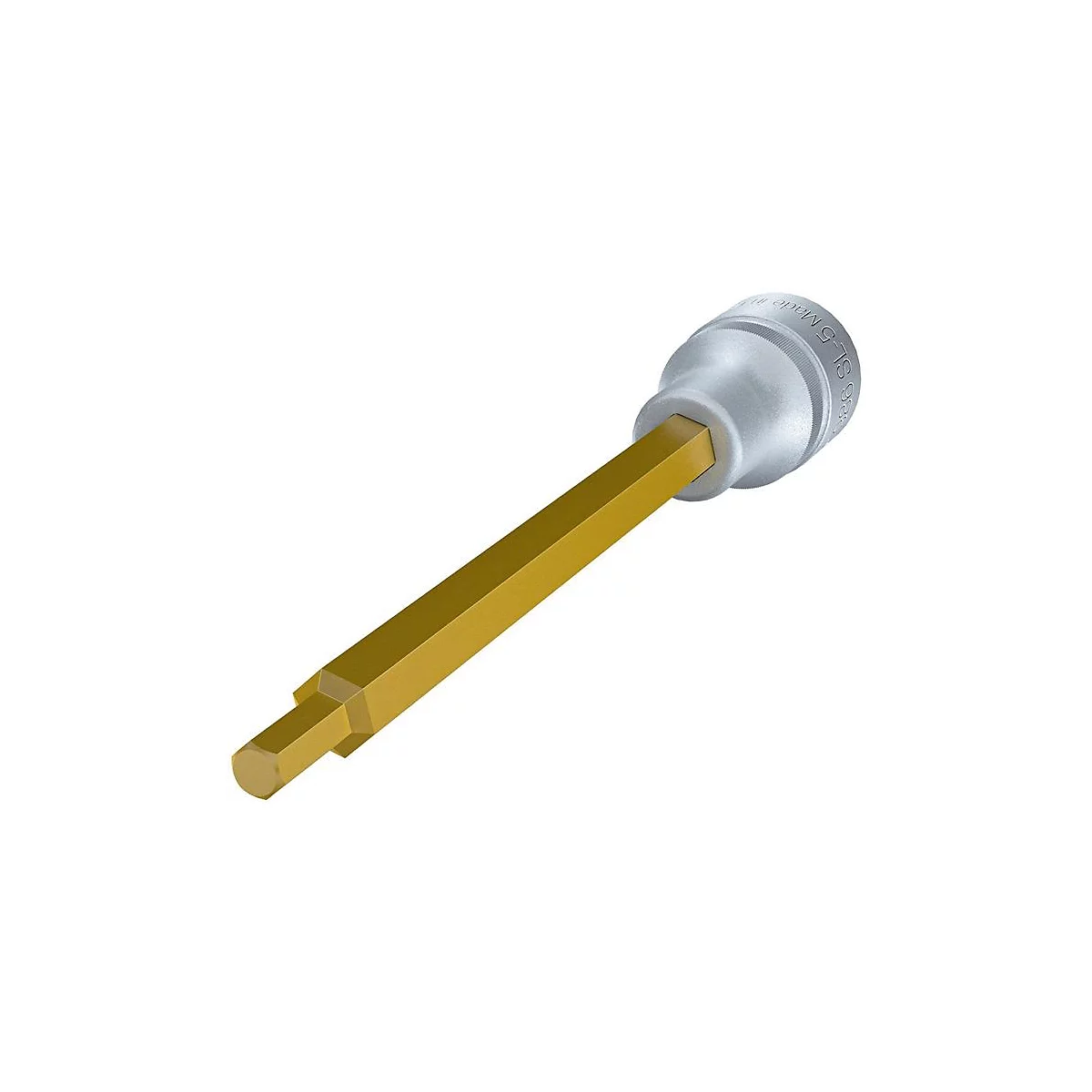 Ein Steckschlüssel mit gelbem Schaft und silbernem Kopf, Detailaufnahme.