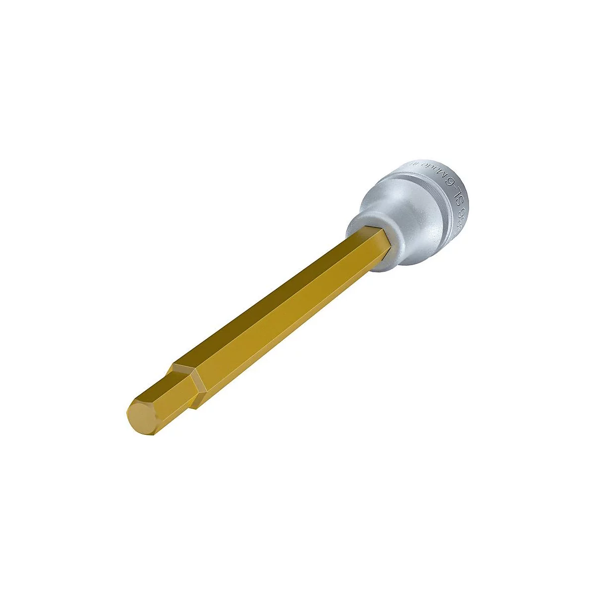 Ein Steckschlüssel, silberner Kopf, goldener Schaft. Auf dem Kopf sind Buchstaben zu erkennen.