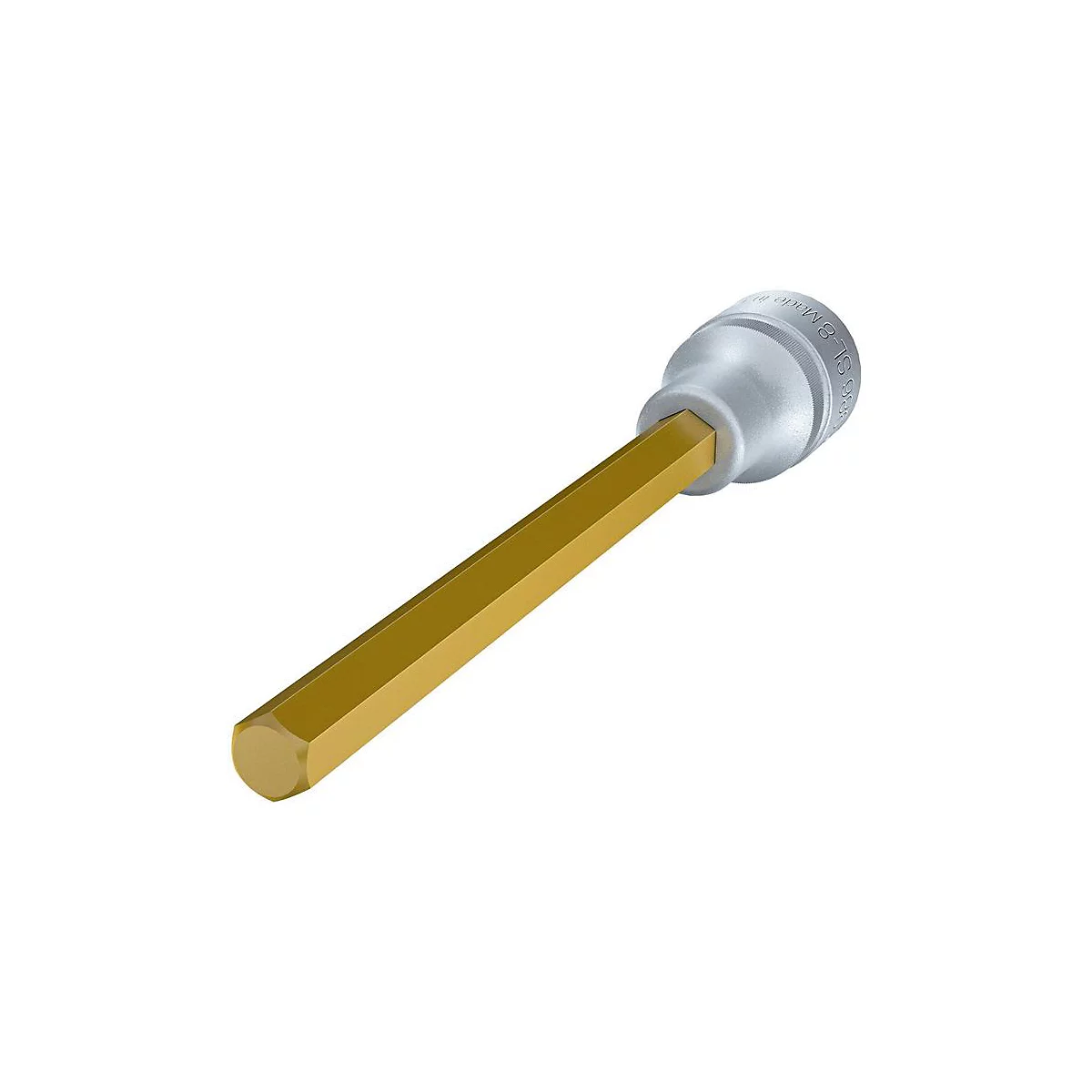 Ein silberner Inbus-Schlüssel mit goldenem Schaft. Der Schlüssel zeigt Details.