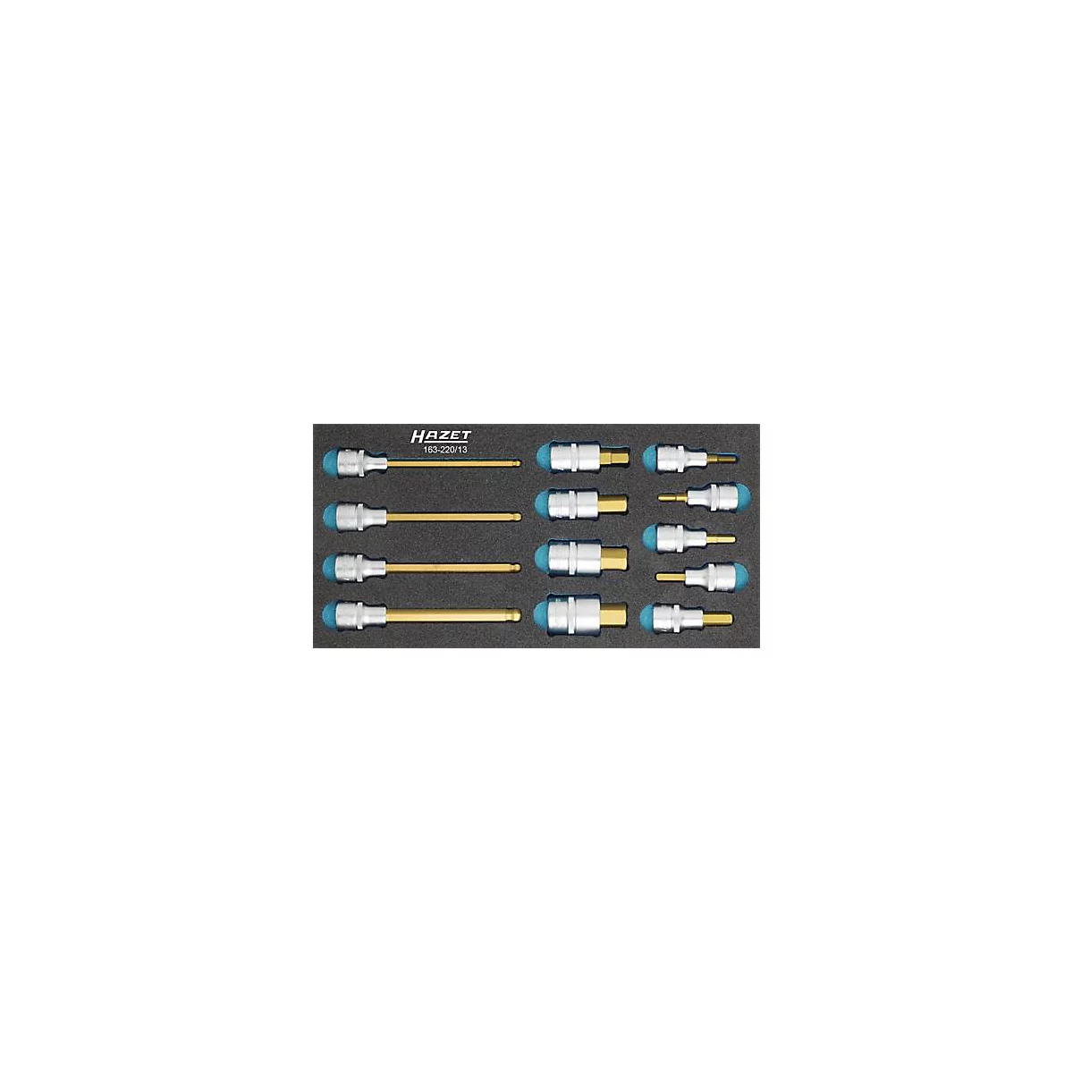 Hazet Werkzeugeinlage 163-220/13, 1/3 Modul, inkl. Schraubendreher-Steckschlüsseleinsatzsortiment, 13-tlg., B 342 x T 172 x H 35 mm, Schaumstoff, schwarz/blau