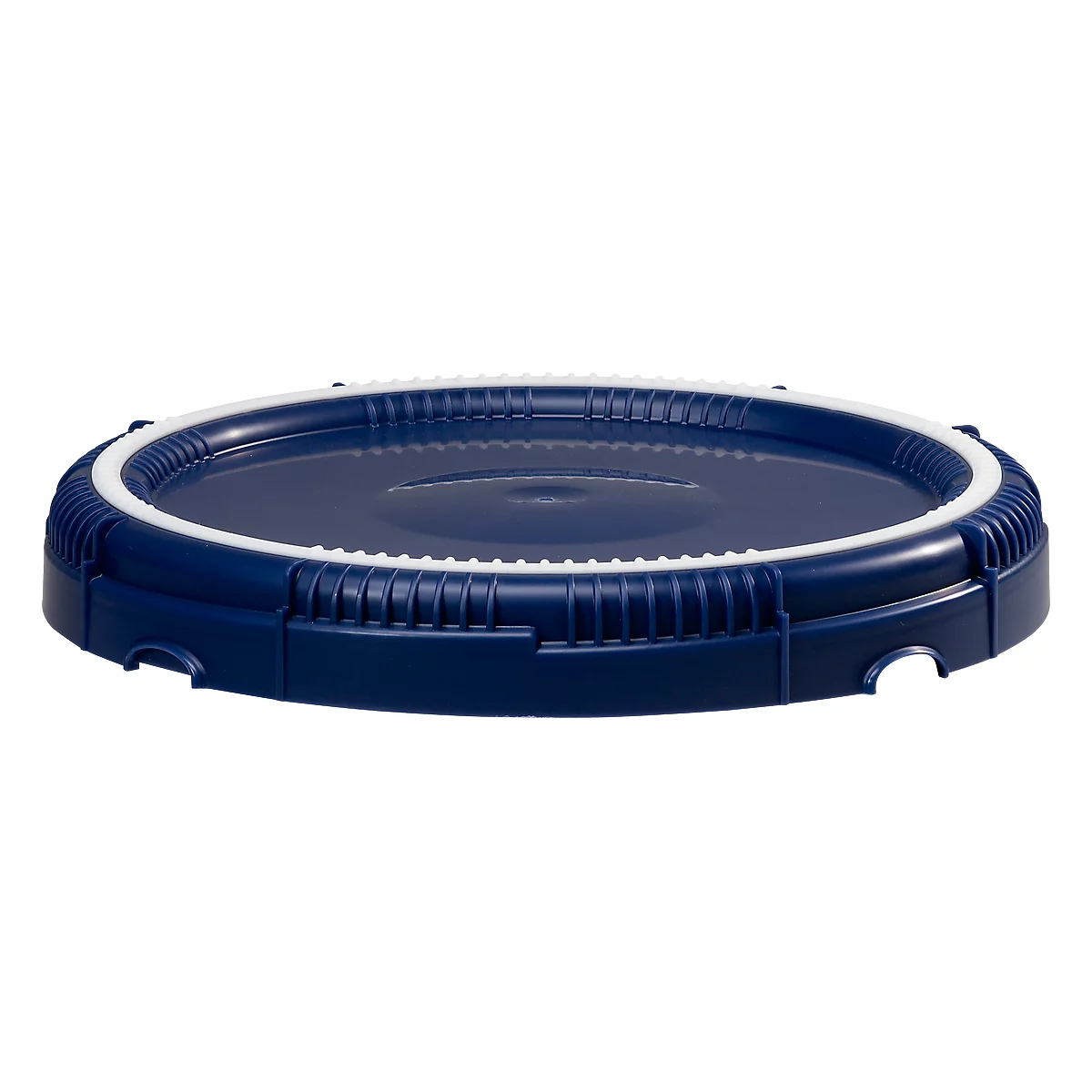 Blue, round plastic container with white rim. The container is round with vertical ribs and cutouts.