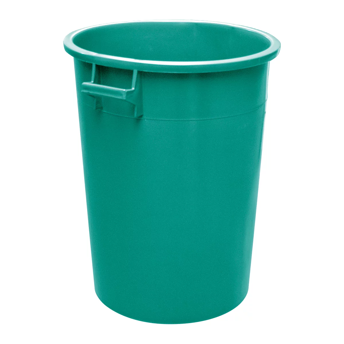 Green trash can with a handle on the side.
