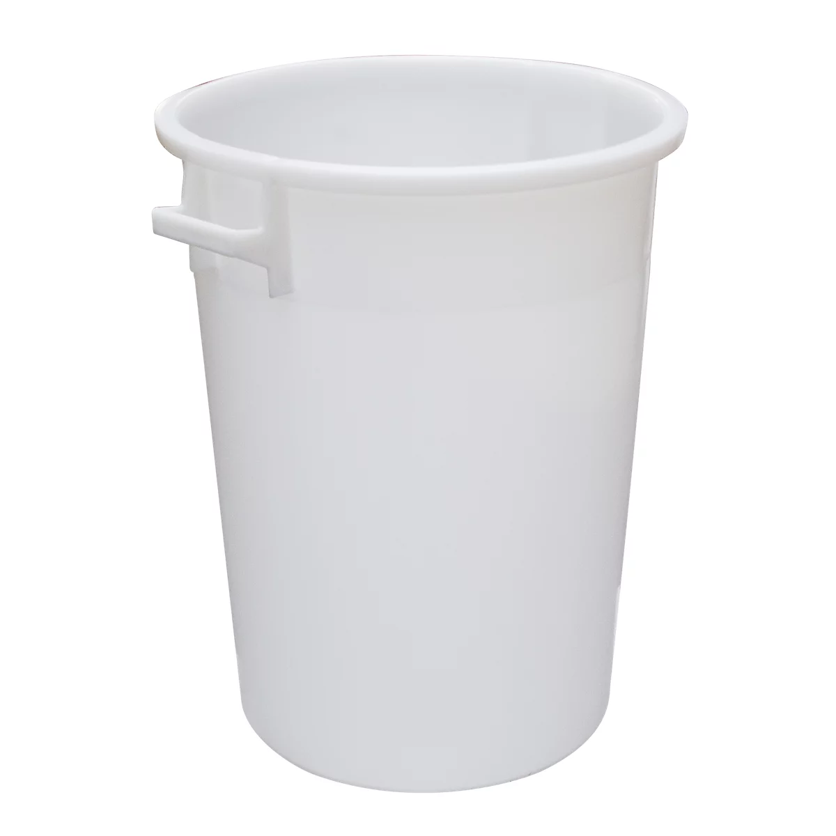 White, cylindrical trash can with handle. On white background.