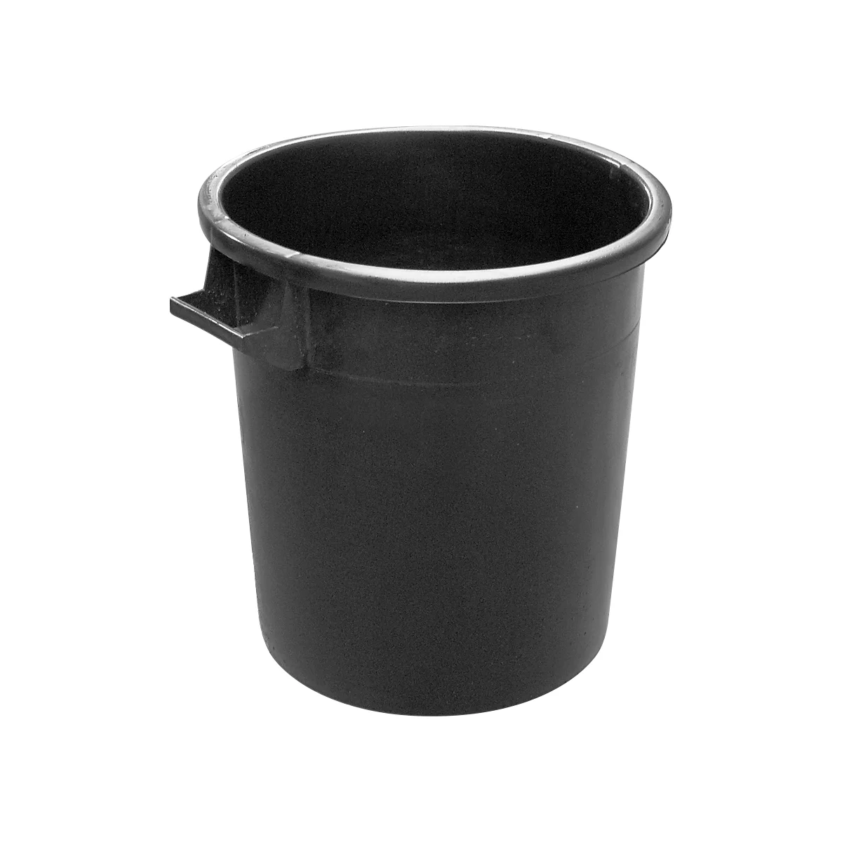 Black bucket with handle. The bucket has a cylindrical shape and a wide rim.