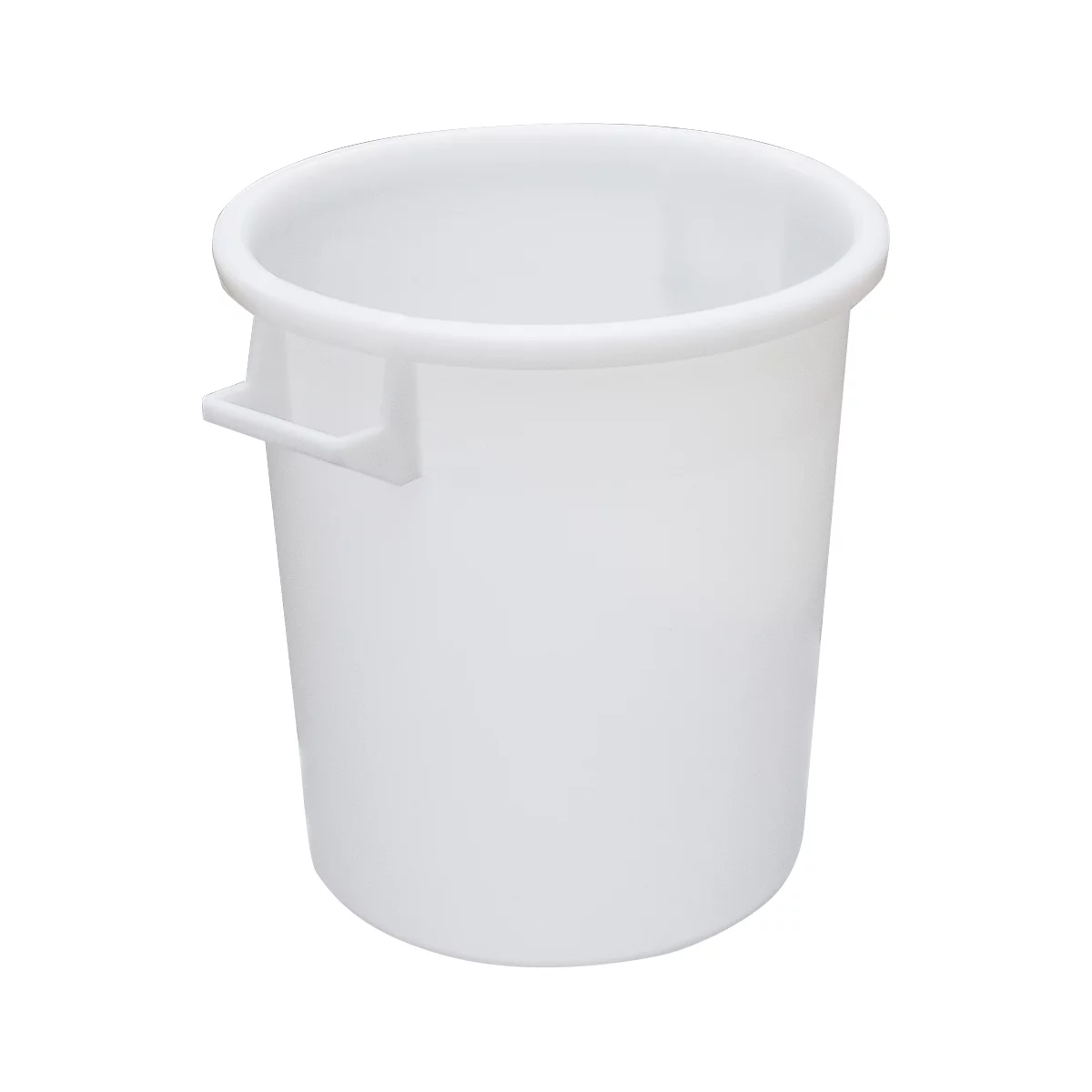 White plastic trash can with handle.