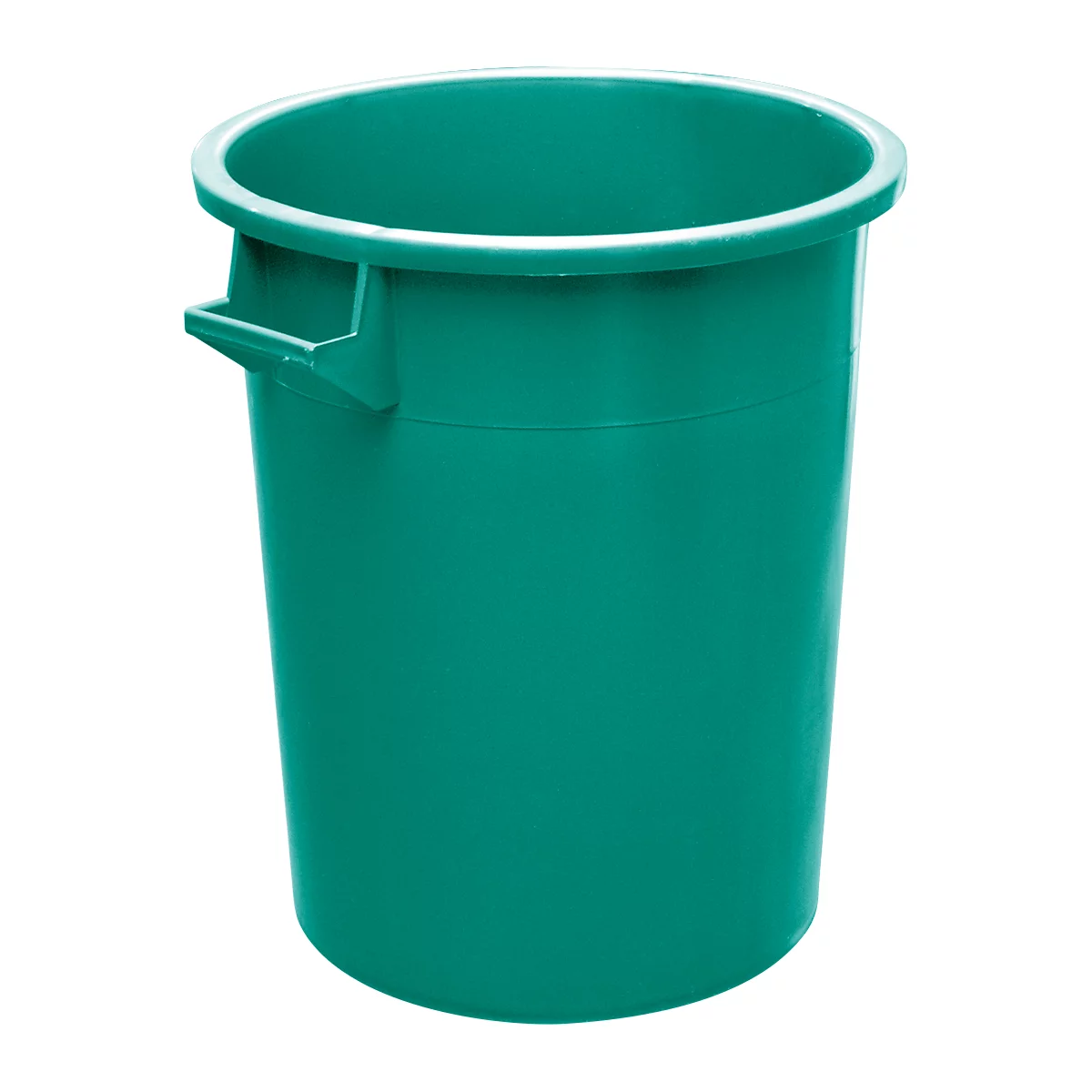 Green plastic waste bin with handle. The top of the bucket is open.
