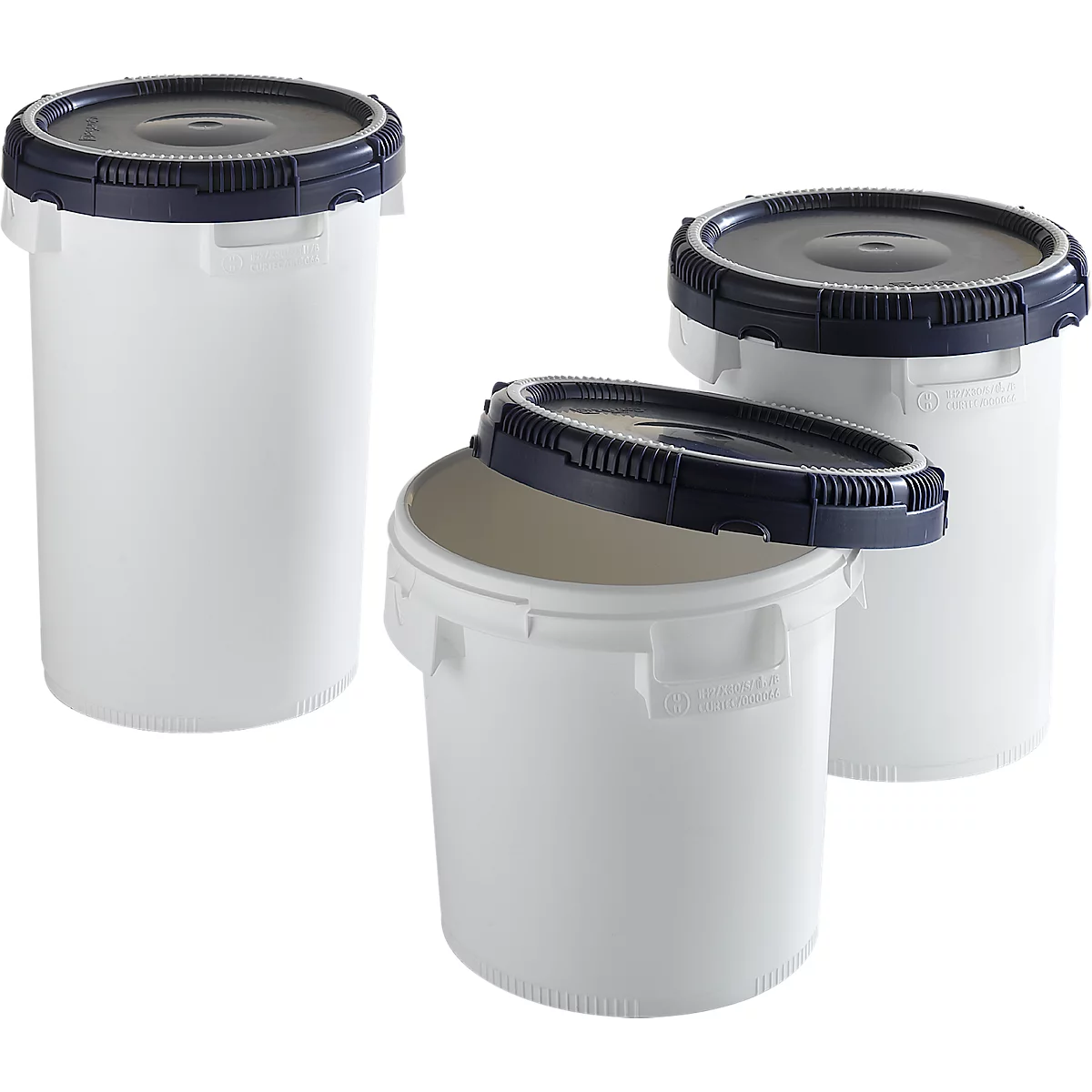 Three white buckets with dark blue lids, one of them open.