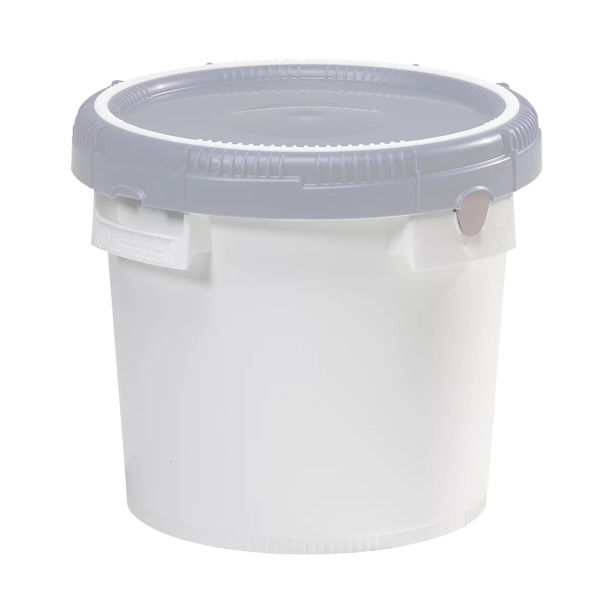 White bucket with grey lid. The lid is tightly closed and has a circumferential groove.