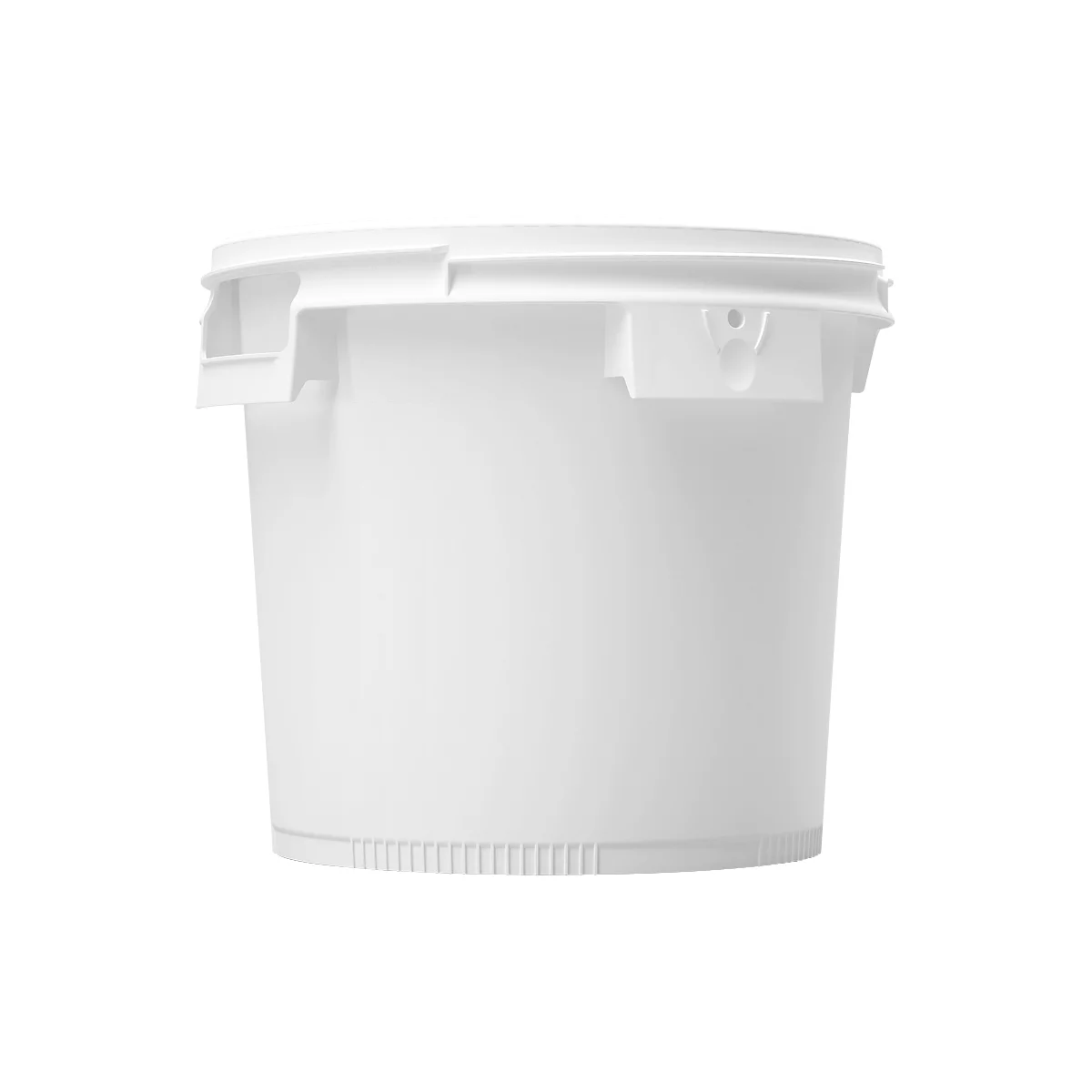 White bucket with lid, mounts, slightly bevelled. Detailed shot.