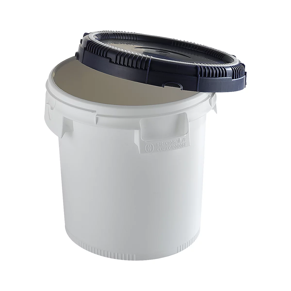 White bucket with blue lid. The lid is slightly open.