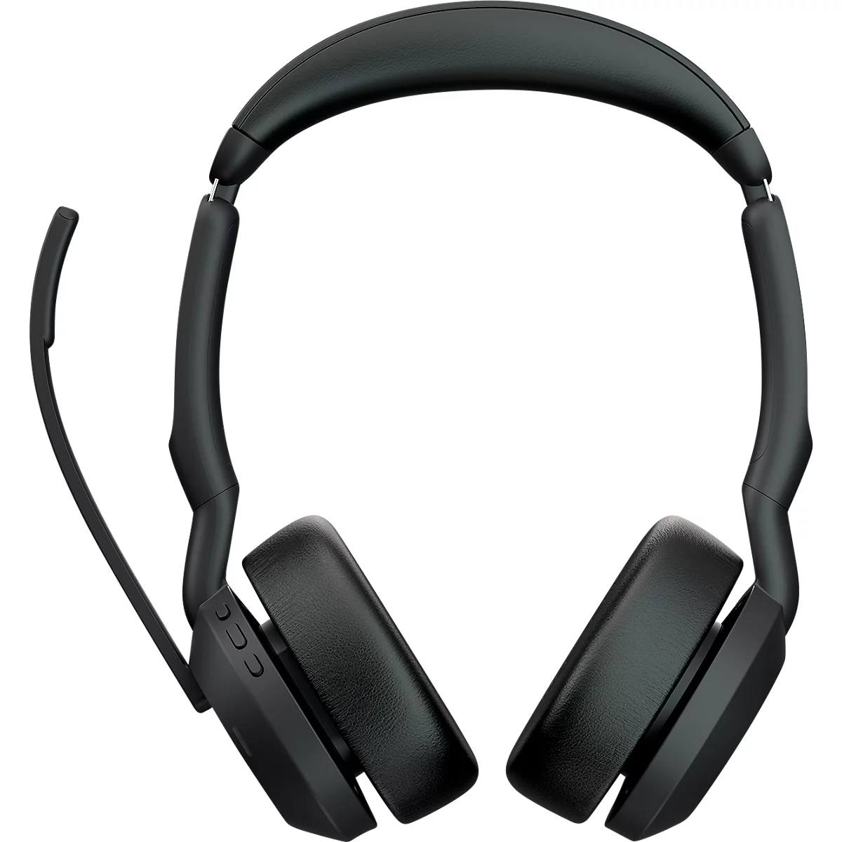 Black headset with microphone, against a white background. Earcups are square, headband is padded.
