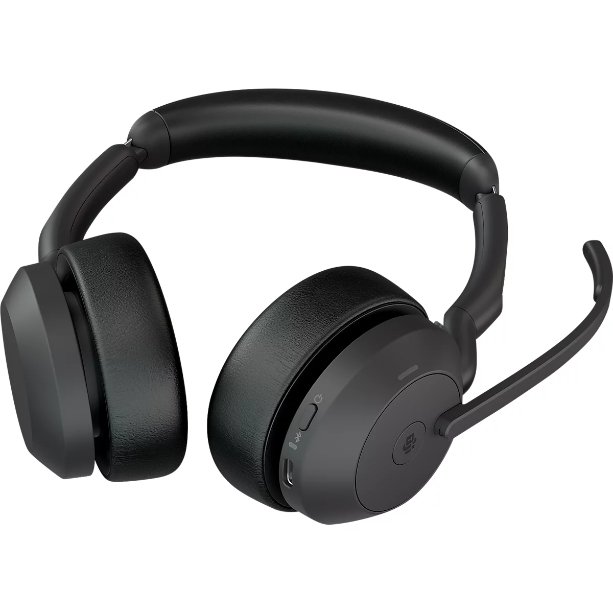 Black headset with microphone, slightly angled. Buttons and a company logo are visible on the headphones.