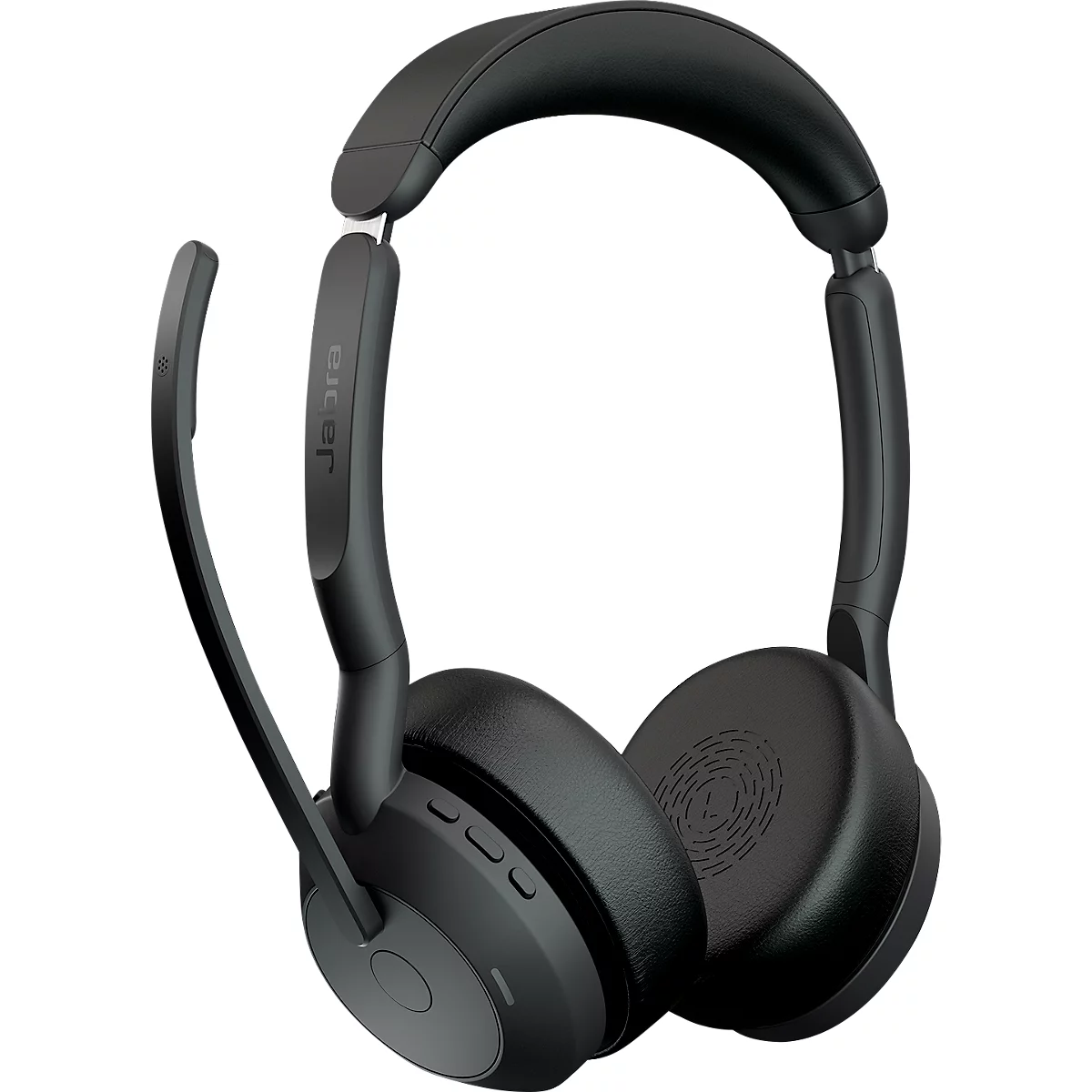 Black headset with microphone, manufacturer logo Jabra on the brackets. Buttons for volume and answering.