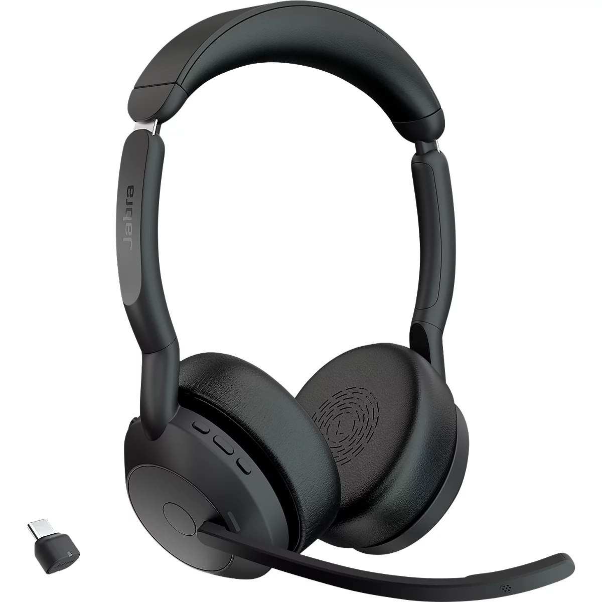Black headphones with a microphone and USB connector. Controls are attached to the ear cups.