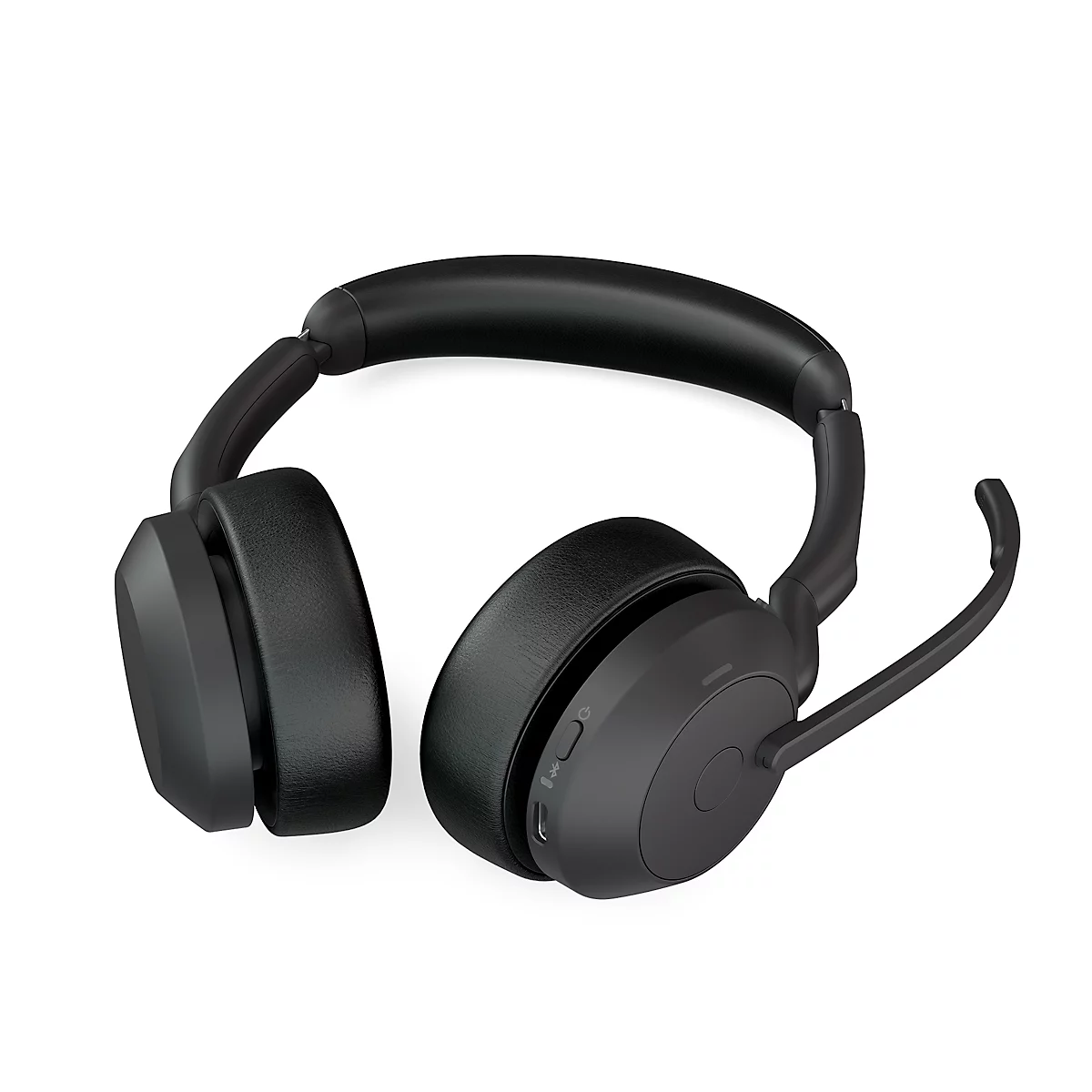 Black over-ear headphones with a microphone. The product is shown against a white background.