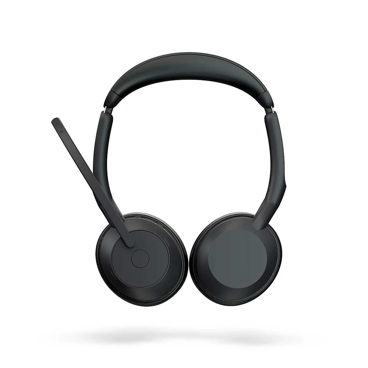 Black headset on a white background, with microphone.