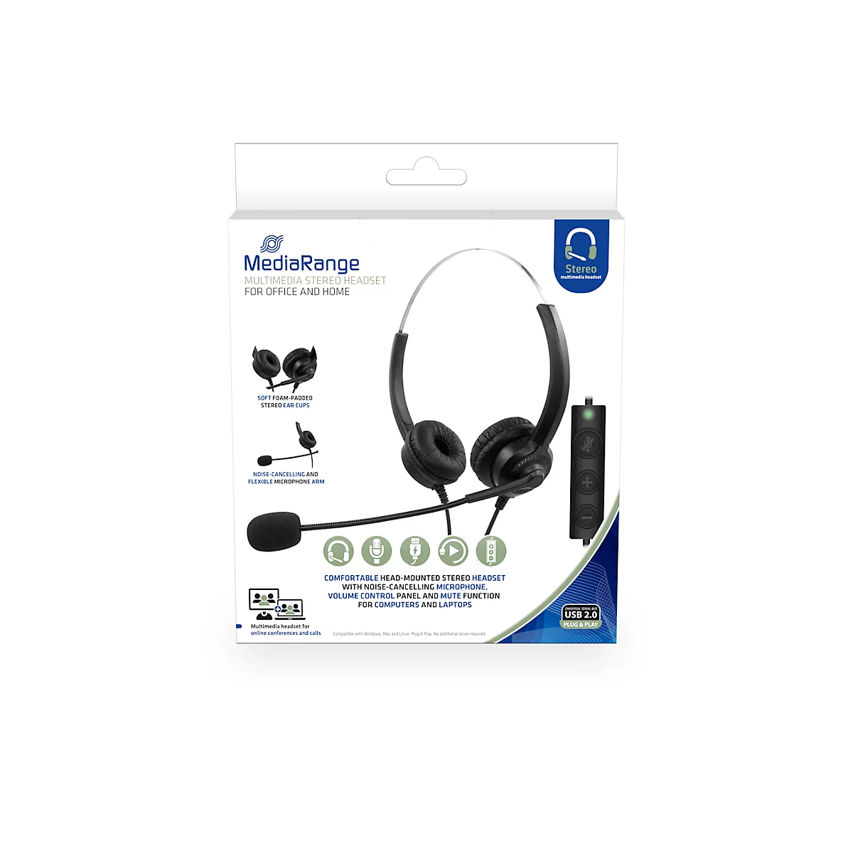 Headset MediaRange MROS304, kabelgebunden, binaural, USB, Lautstärkeregler, Mikrofon mit Rauschfilter, schwarz-silber