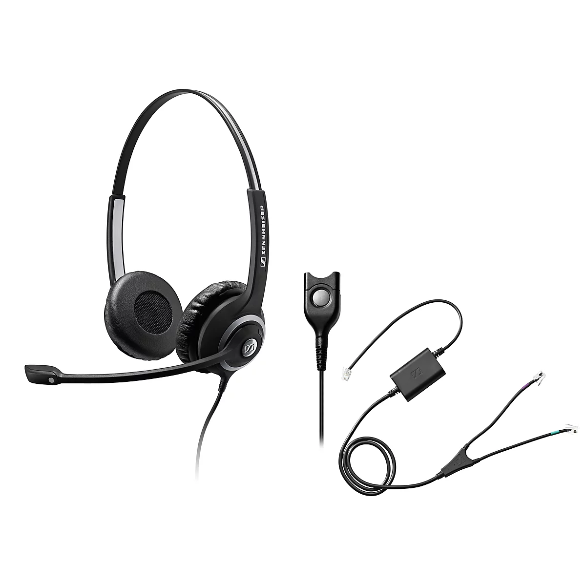 Headset Sennheiser SC 260, kabelaansluiting, stereogeluid, koptelefoon verstelbaar, en telefoonadapter CEHS-AV04