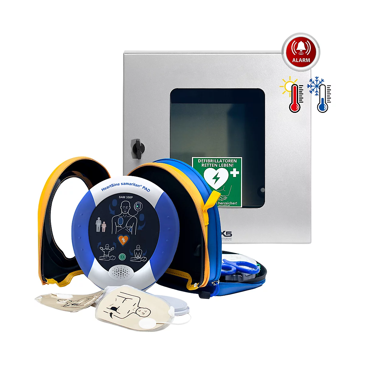 HeartSine SAM350P defibrillator, AED, met handmatige toediening van schokken, 4-jarige allrisk aanvullende verzekering, geklimatiseerde buitenmuurkast met locatiemarkering, EHBO-kit.