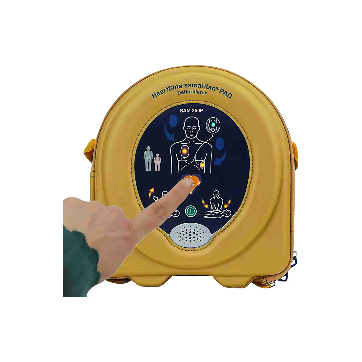 HeartSine SAM350P defibrillator, AED, met handmatige toediening van schokken, 4-jarige allrisk aanvullende verzekering, geklimatiseerde buitenmuurkast met locatiemarkering, EHBO-kit.