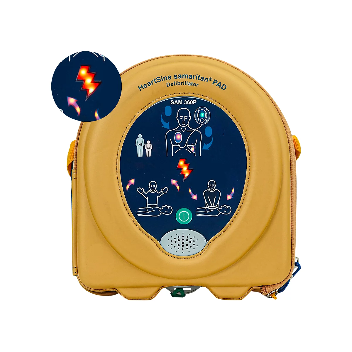 HeartSine SAM360P Defibrillator, AED, mit automatischer Schockauslösung, klimatisierter Außenwandkasten mit Standortmarkierung, 4 Jahre Allgefahren-Zusatzversicherung,