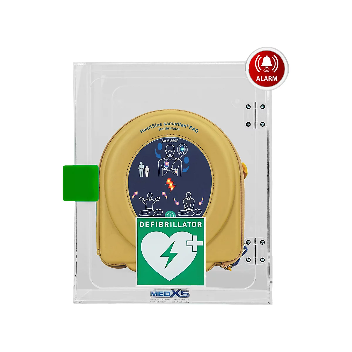HeartSine SAM360P defibrillator, AED, voor gebruik binnenshuis, met automatische schokvrijgave, met alarm, 4 jaar all-risk aanvullende verzekering, in wandkast van acrylglas.