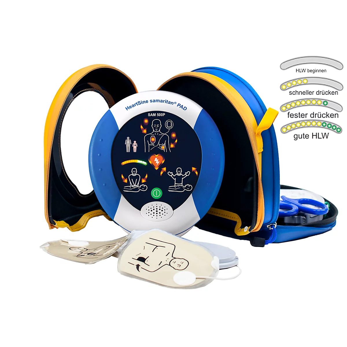 HeartSine SAM500P Reanimatiedefibrillator, AED, voor leken en eerstehulpverleners, met handmatige schokvrijgave, 4 jaar allrisk aanvullende verzekering