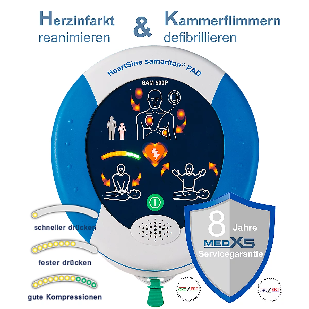 HeartSine SAM500P Reanimatiedefibrillator, AED, voor leken en eerstehulpverleners, met handmatige schokvrijgave, 4 jaar allrisk aanvullende verzekering