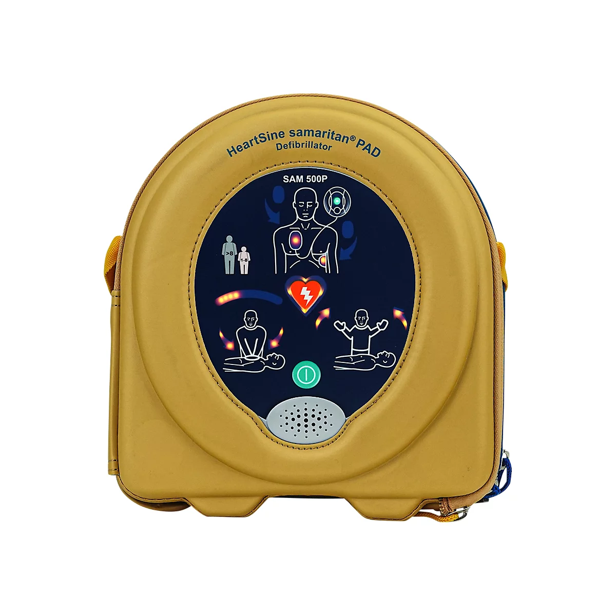 HeartSine SAM500P Reanimations-Defibrillator, AED, mit manueller Schockabgabe, 4 Jahre Allgefahren-Zusatzversicherung, klimatisierter Außenwandkasten mit Standortmarkierung