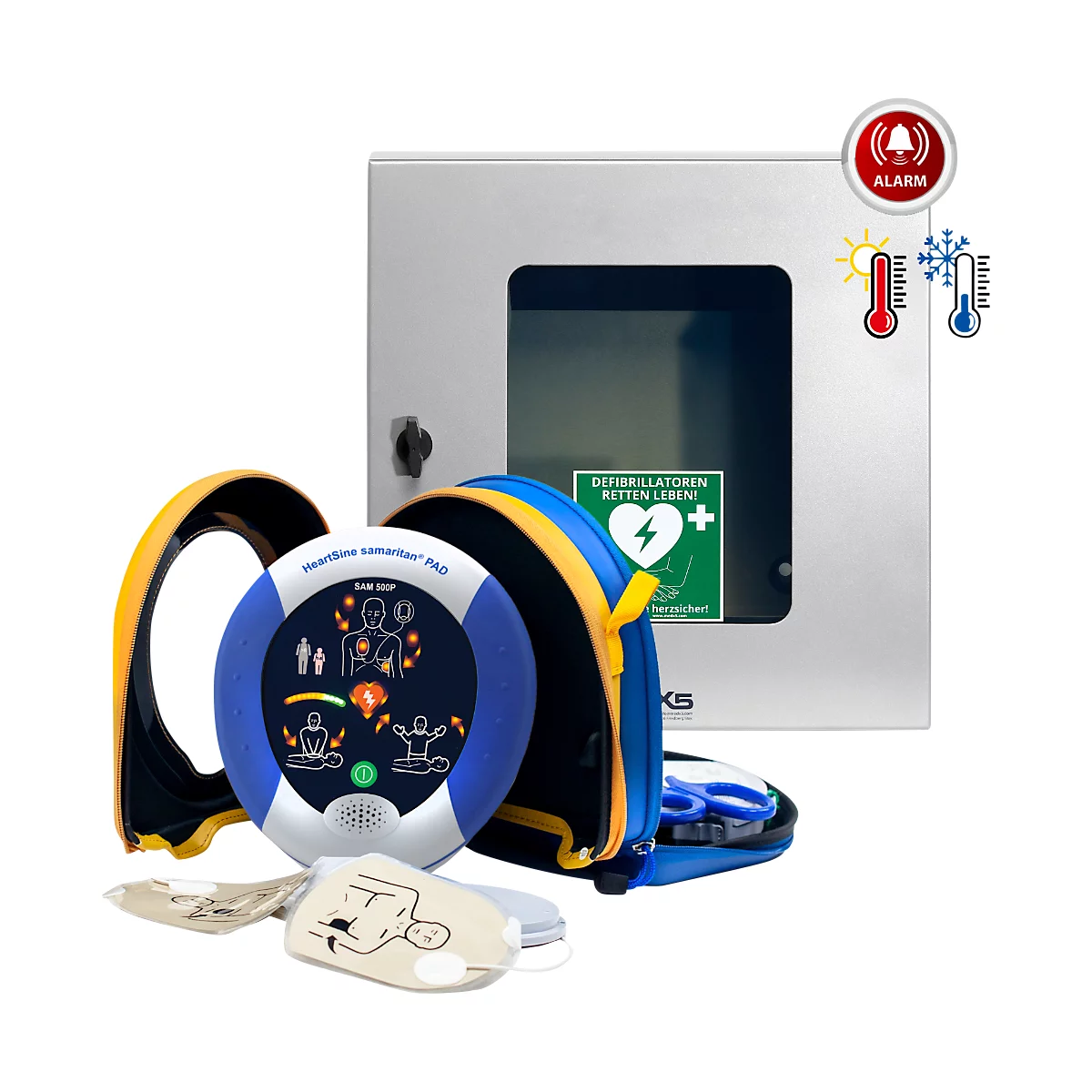 HeartSine SAM500P Reanimations-Defibrillator, AED, mit manueller Schockabgabe, 4 Jahre Allgefahren-Zusatzversicherung, klimatisierter Außenwandkasten mit Standortmarkierung