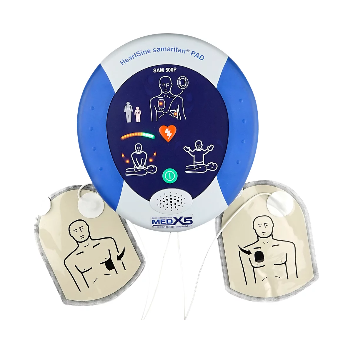 HeartSine SAM500P Reanimations-Defibrillator, AED, mit manueller Schockabgabe, 4 Jahre Allgefahren-Zusatzversicherung, klimatisierter Außenwandkasten mit Standortmarkierung