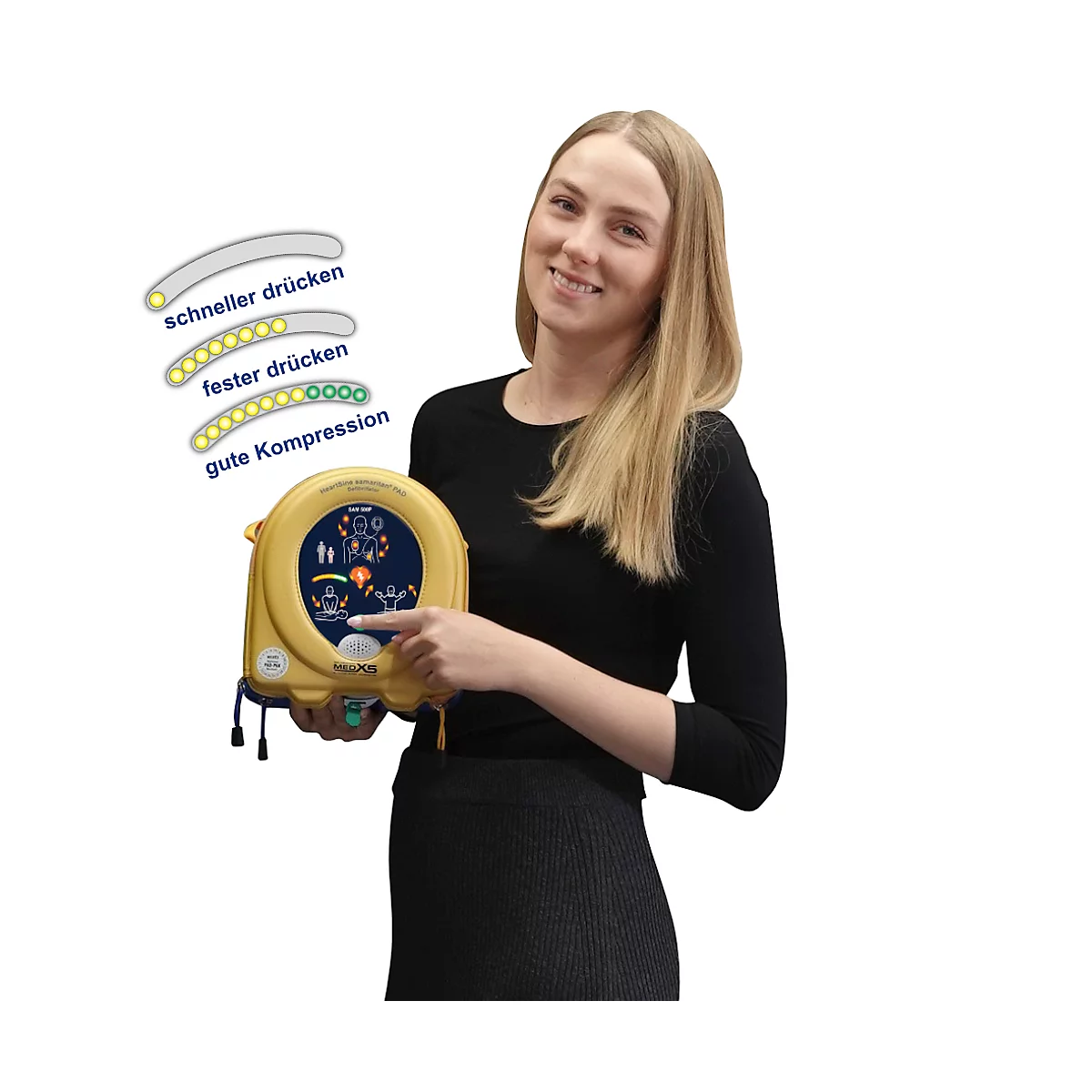 HeartSine SAM500P Reanimations-Defibrillator, AED, mit manueller Schockabgabe, 4 Jahre Allgefahren-Zusatzversicherung, klimatisierter Außenwandkasten mit Standortmarkierung