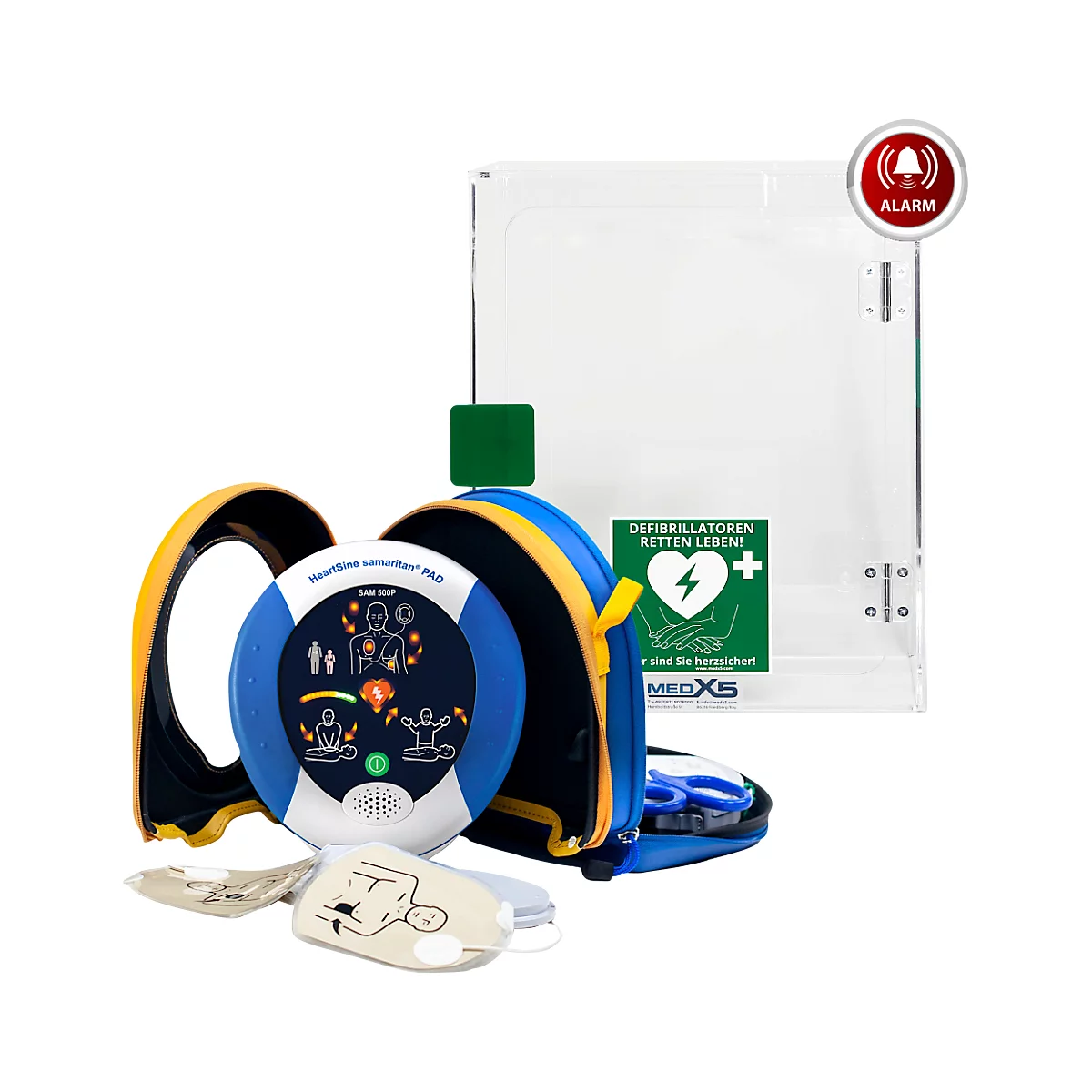HeartSine SAM500P Reanimations-Defibrillator, AED, mit manueller Schockabgabe, mit Alarm, 4 Jahre Allgefahren-Zusatzversicherung, im Acrylglaswandkasten