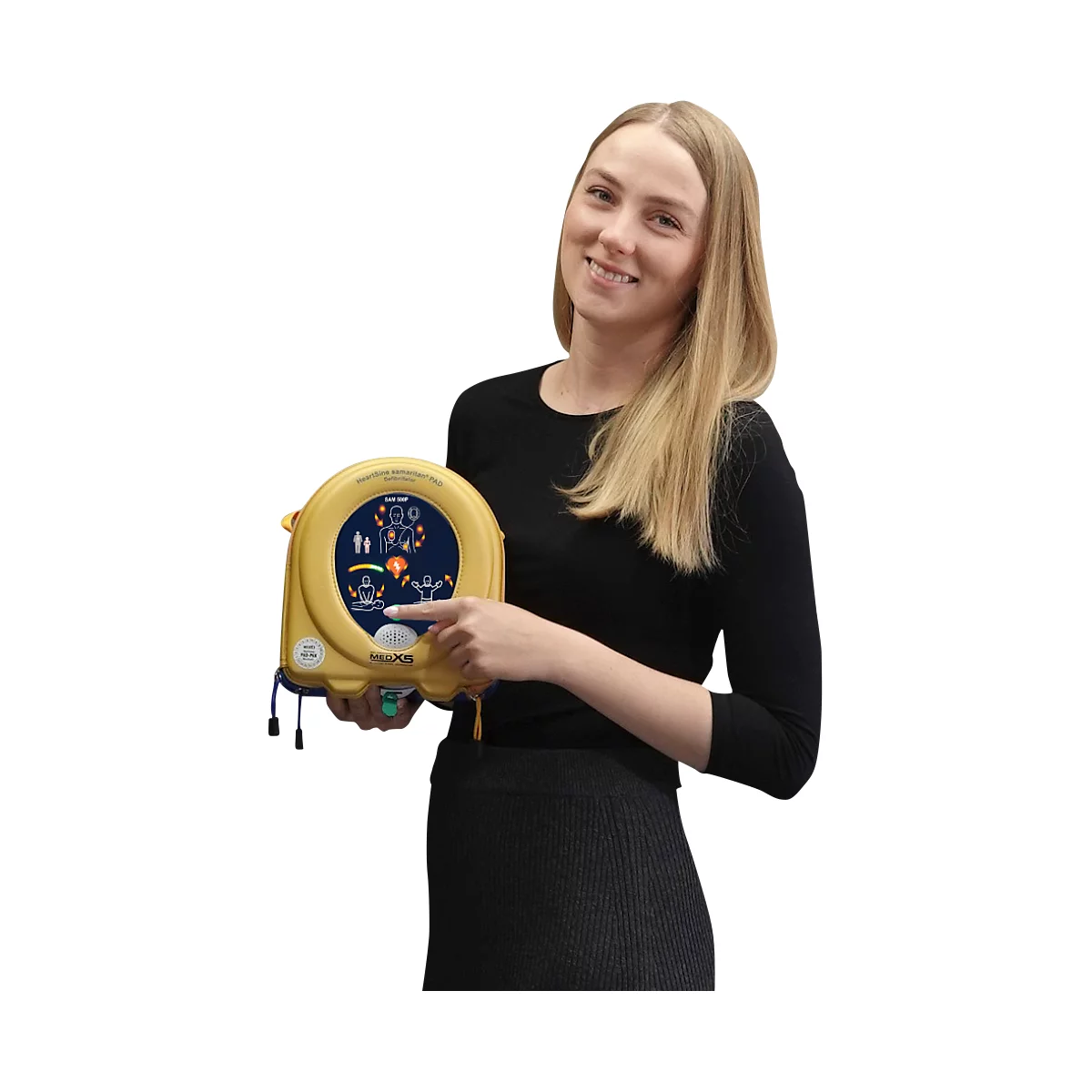 HeartSine SAM500P Reanimations-Defibrillator, AED, mit manueller Schockabgabe, mit Alarm, 4 Jahre Allgefahren-Zusatzversicherung, im Acrylglaswandkasten