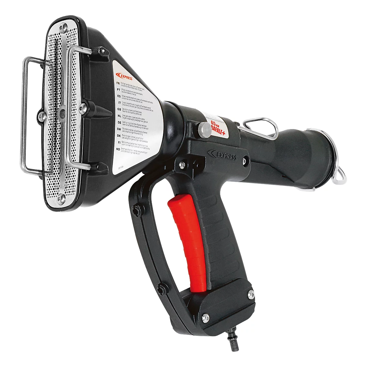 Black hot air tool with red handle and metal grid. Sticker with text.