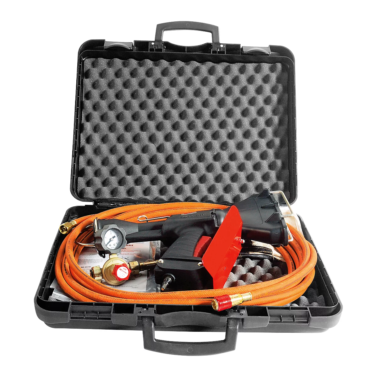 Black case with tools: gas burner, hose, manometer. The lid is open.