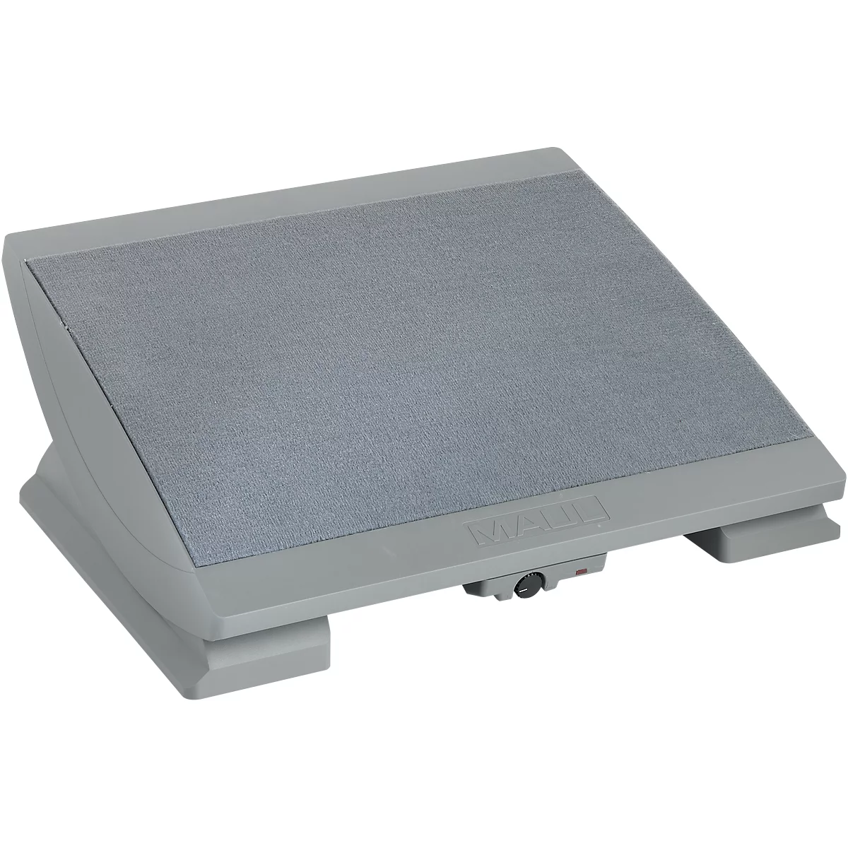 Gray footstool for ergonomic work, with padded surface, slight inclination.