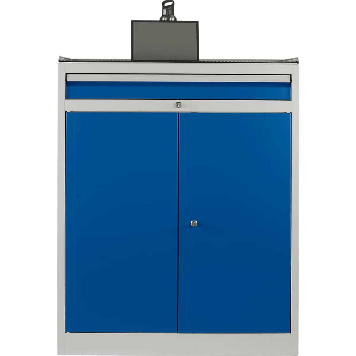 Blue cabinet with two doors, silver frame and handles.