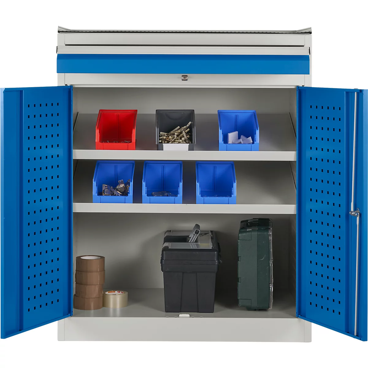 Open blue workshop cabinet with shelves filled with tools, boxes and tape. Blue doors.