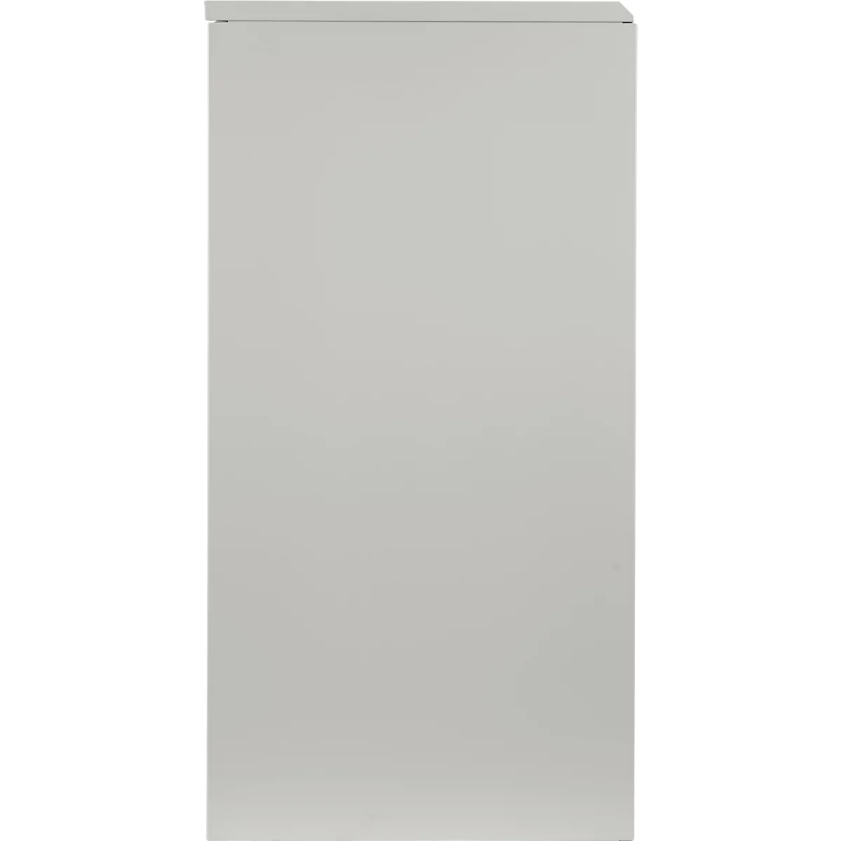 Grey, rectangular cabinet against a light background.