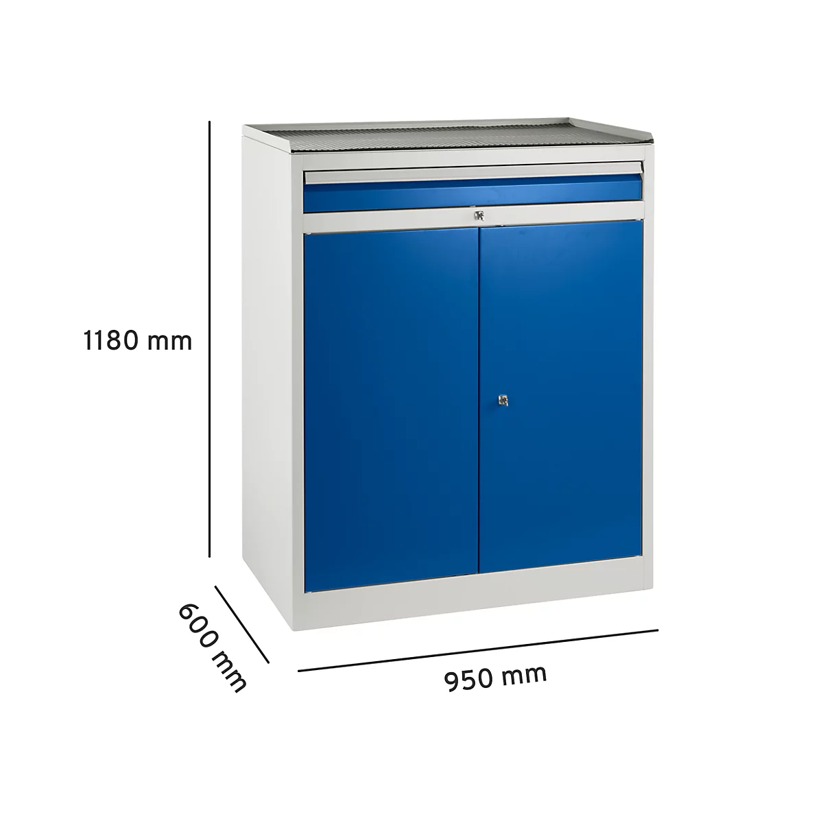 Workshop cabinet with blue doors and drawer, on a white background, with dimensions.