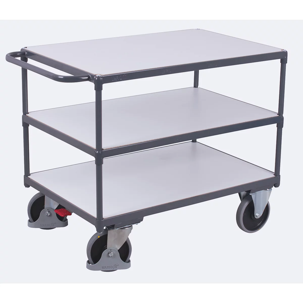 A grey, three-tiered serving cart with wheels.