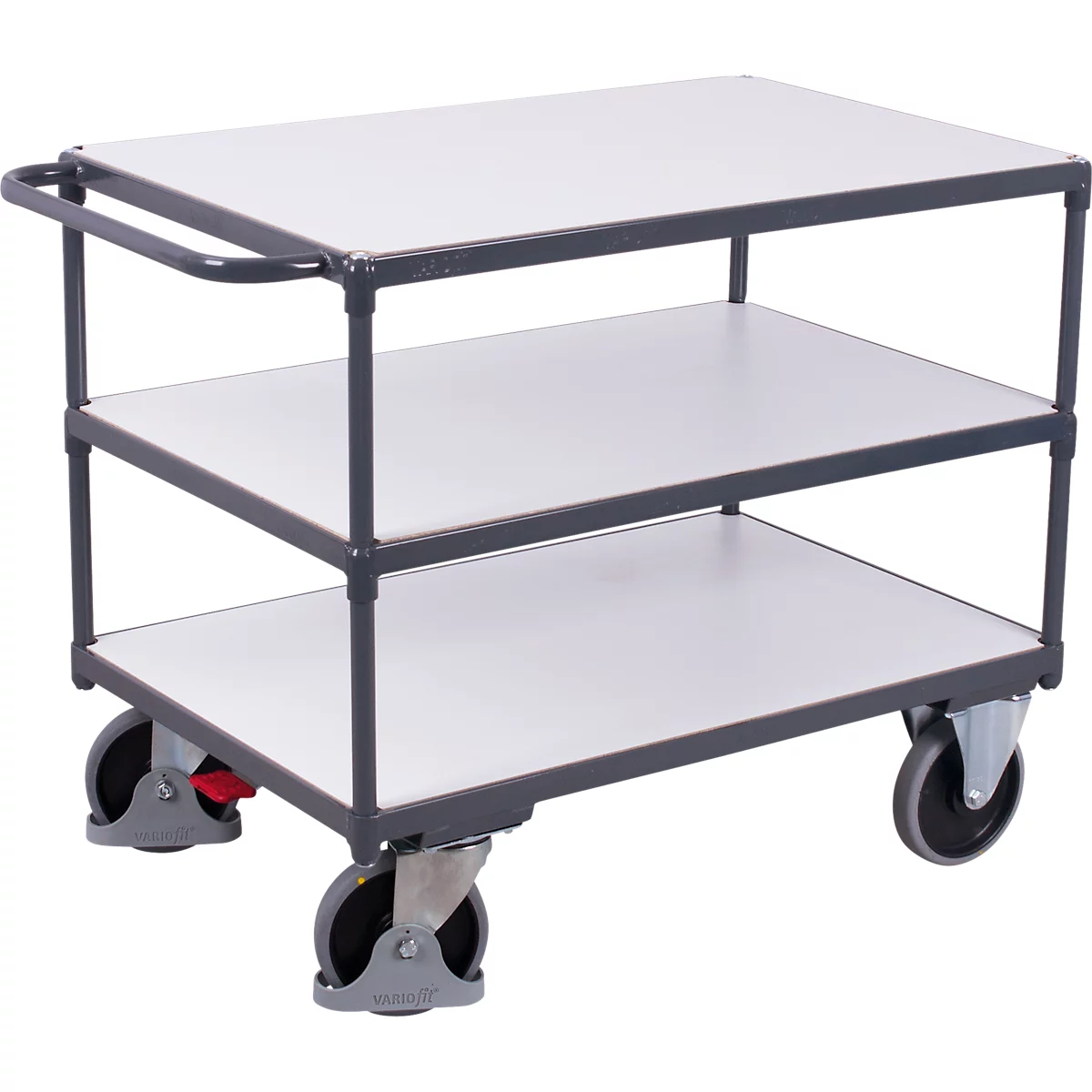 A grey serving cart with three white shelves and four wheels. It has a handle for pushing.