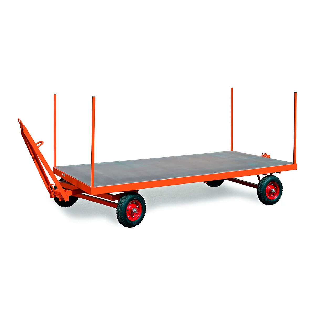 Orange cart with four wheels and a large loading area, with red rims.