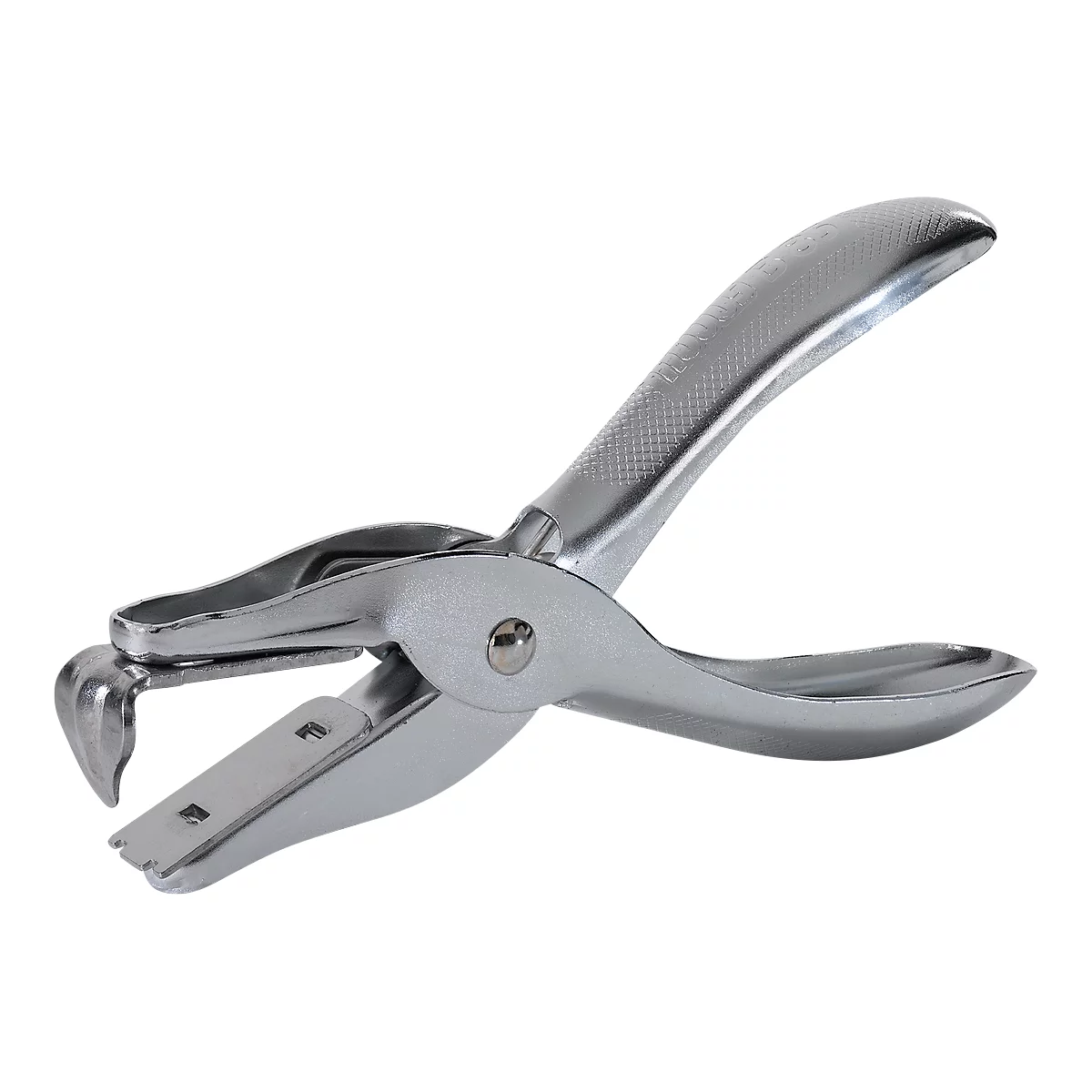 Metal hole punch. The punch is silver, with a handle in the upper right corner and an opening for paper on the left.