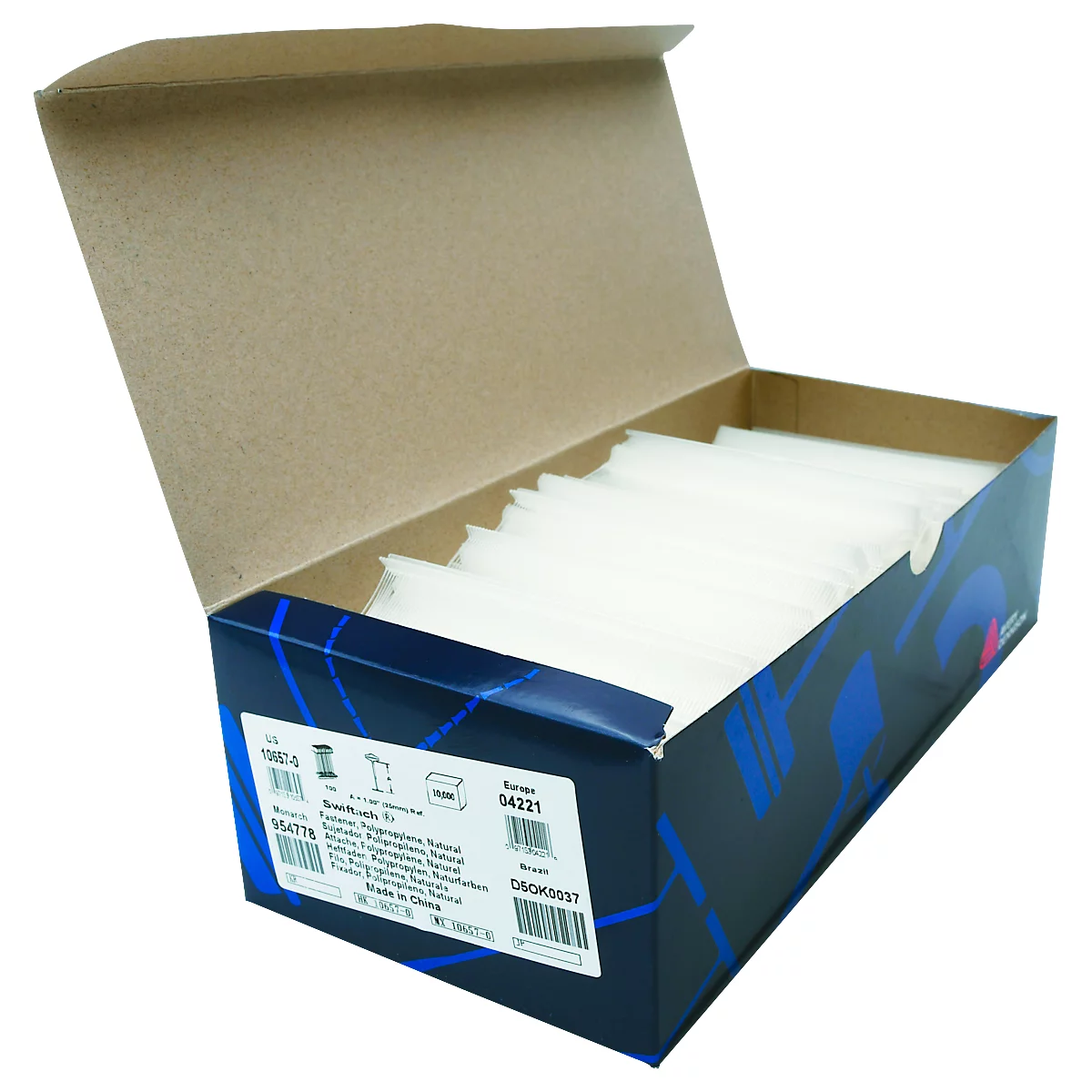 Eine geöffnete Box mit weißen Einwegprodukten, die in einer blauen Box verstaut sind.