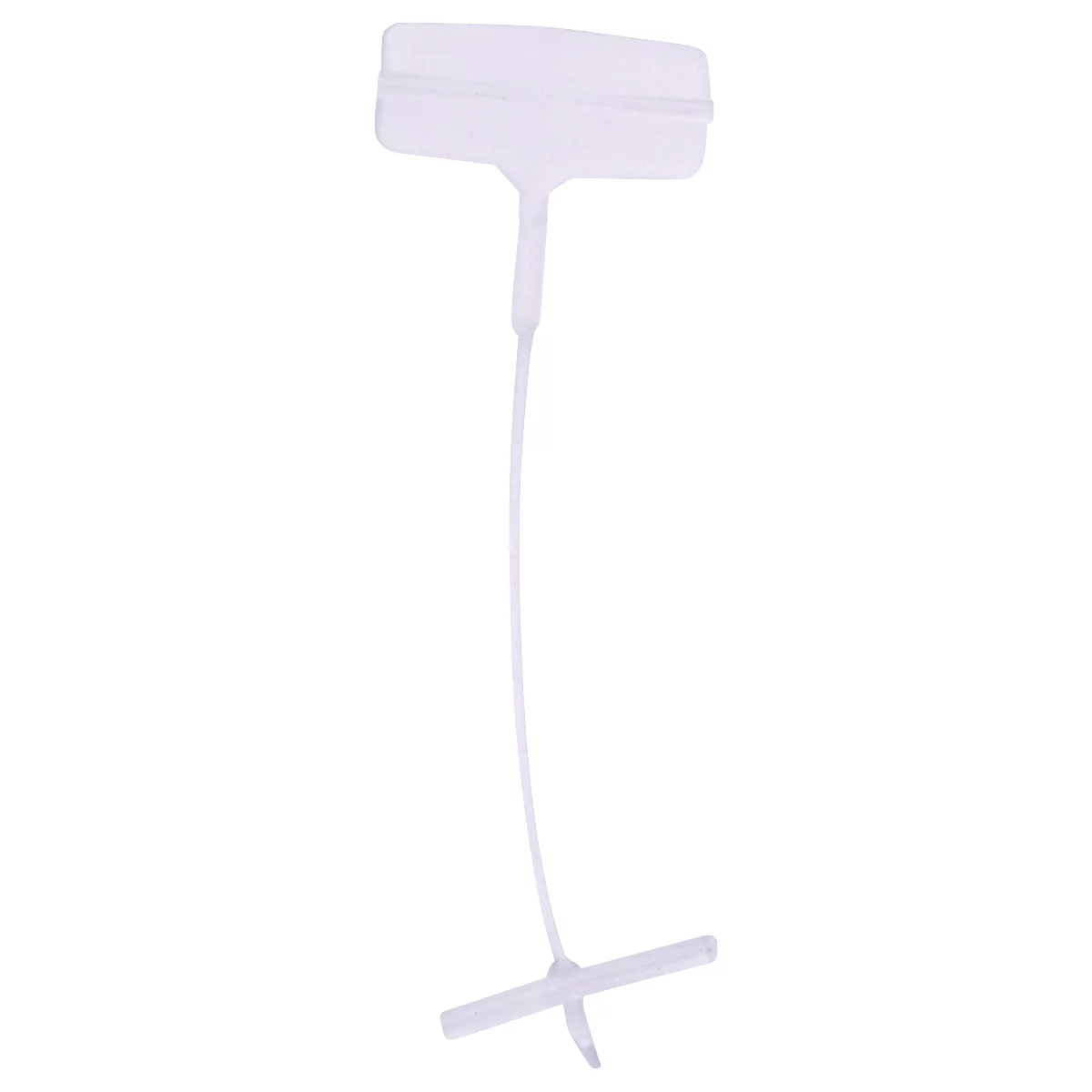 Ein weißer Etiketten-Anhänger, der aus einem rechteckigen oberen Teil, einem dünnen Stiel und einem kreuzförmigen unteren Teil besteht.