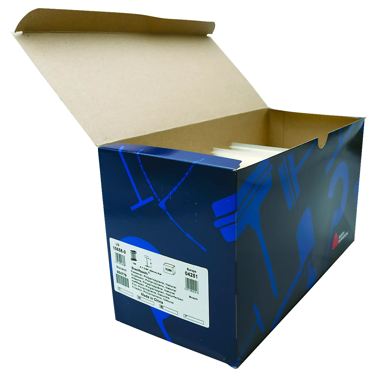 Geöffnete blaue Kartonbox mit braunem Deckel. Aufdruck und Schriftzüge. Innenliegend helles Papier.