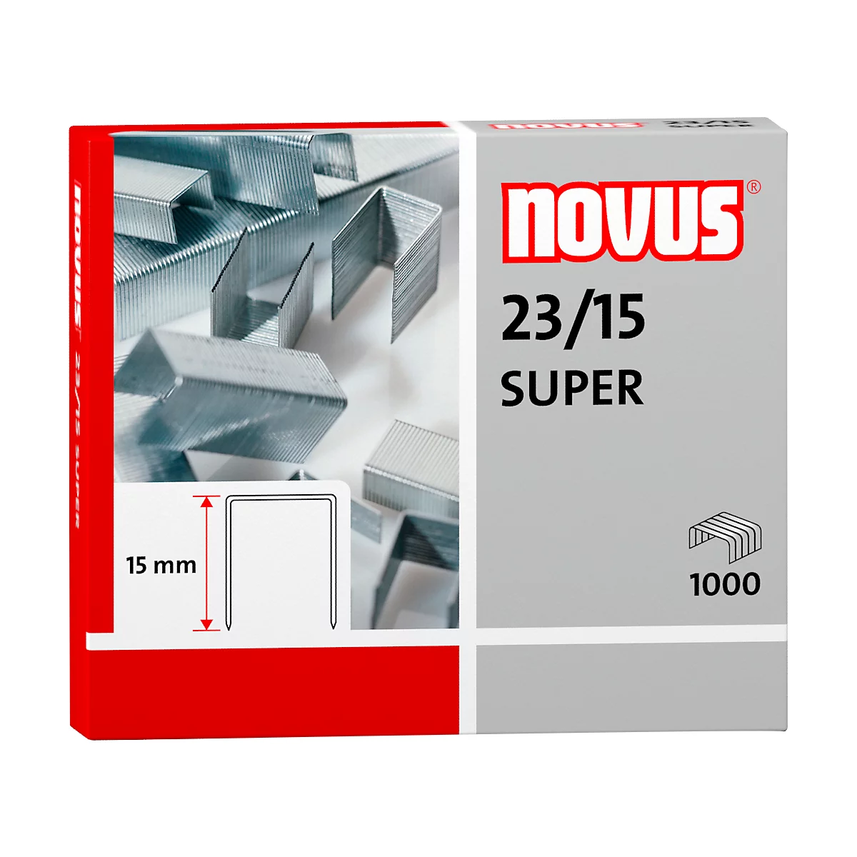 Nahaufnahme eines Heftklammern-Pakets mit Text: Novus 23/15 Super. Dazu viele Metallklammern im Hintergrund. Unten links: Maßskizze der Klammer.