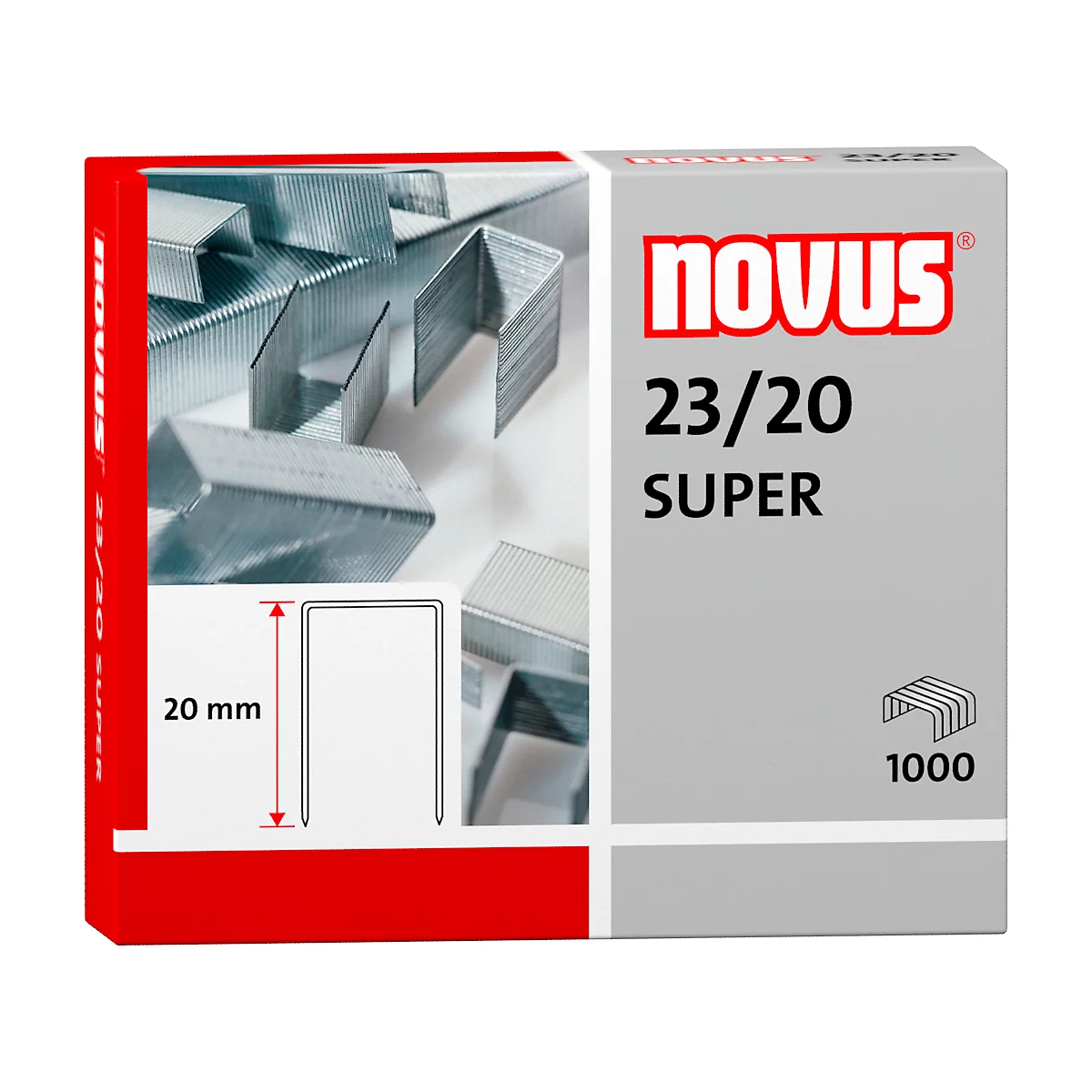 Graue Heftklammern mit rotem 20 mm Maß. Aufschrift: Novus, 23/20 SUPER, 1000 Stück.